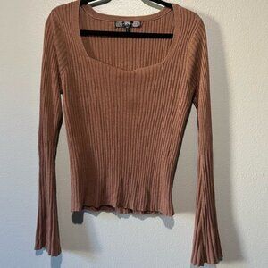 ASH&VIOLET- Long Sleeve Neutral Brown Top Square Neckline Flare Sleeves …